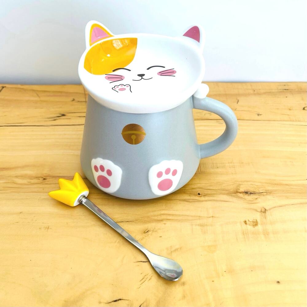Cat Princess Crown Lid Spoon Kitty Kitten Ceramic Mug Genki Cats Coffe Cup Tea